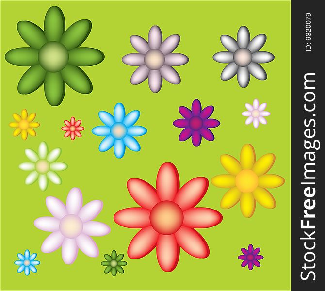 Few illustrations on flowers in red, green, yellow violet and white colours