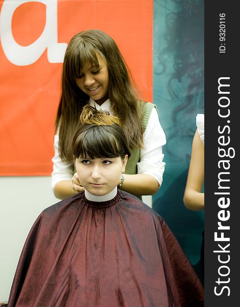 Female-hairdresser doing clients hair in beauty salon. Female-hairdresser doing clients hair in beauty salon