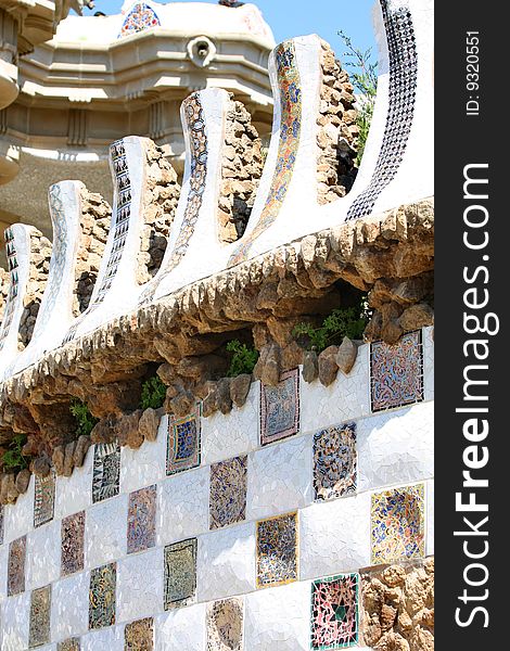 Details of colorful design of mosaic in Park Guell, Barcelona, Spain