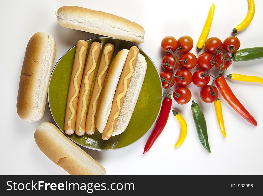 Hot dogs on white with soft shadow