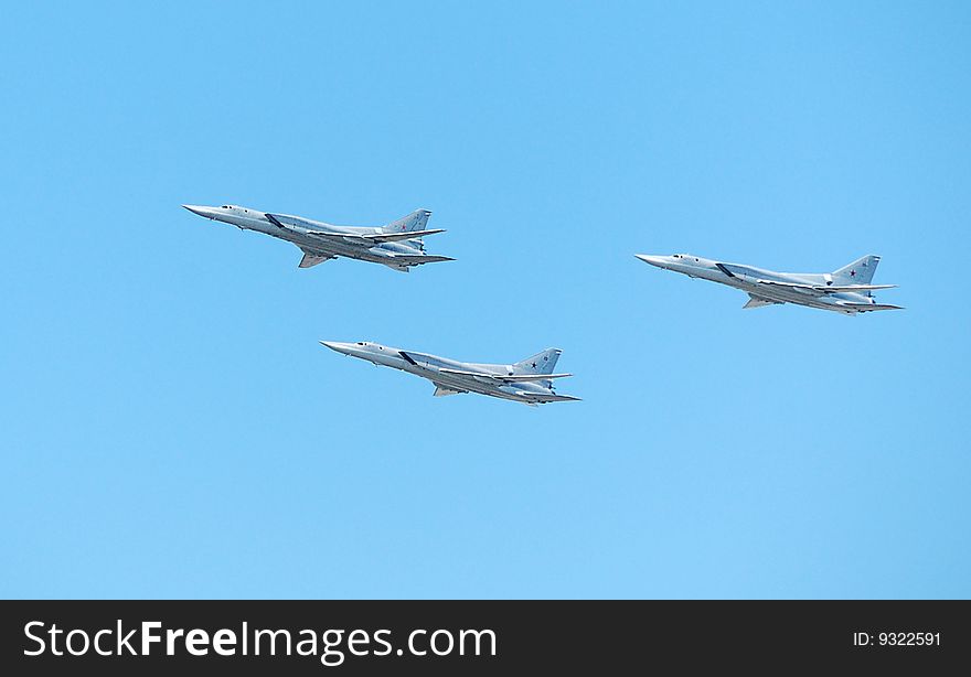 Three military airplane in blue sky. Three military airplane in blue sky