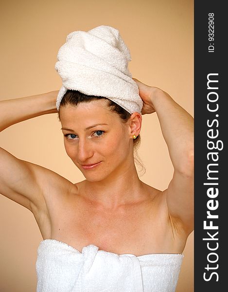 Attractive woman with turban after taking a shower. Attractive woman with turban after taking a shower