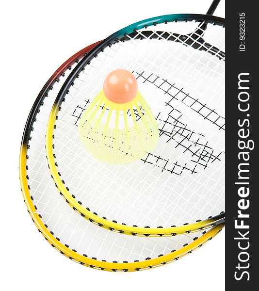 Badminton racquets with shuttlecock on white background. Badminton racquets with shuttlecock on white background