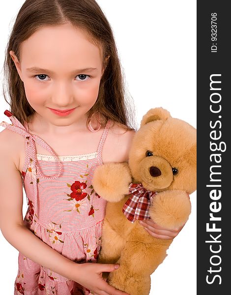 Baby with bear toy isolated