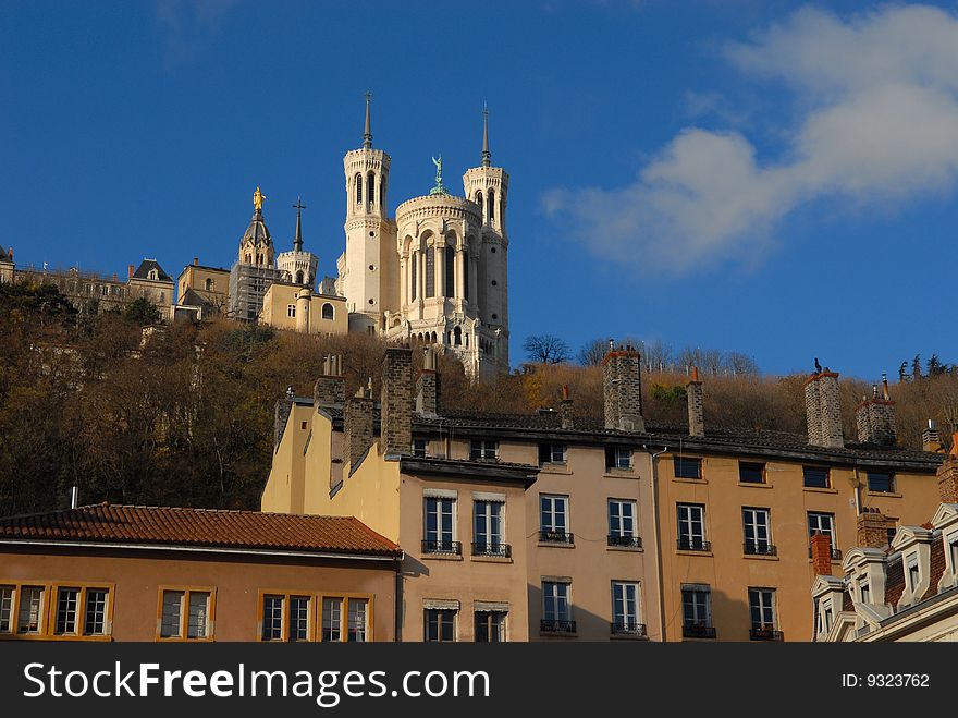 The Notre Dame Cathedral sits on top of Fourviere hill in Lyon, France. The Notre Dame Cathedral sits on top of Fourviere hill in Lyon, France.