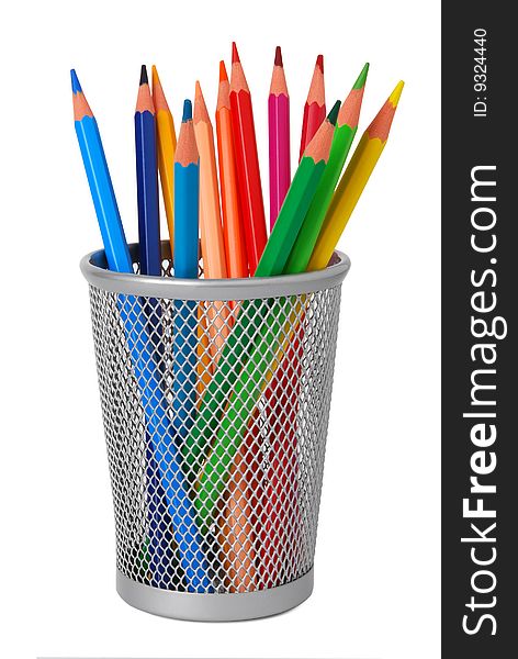 Colorful pencils in a cup isolated on white background