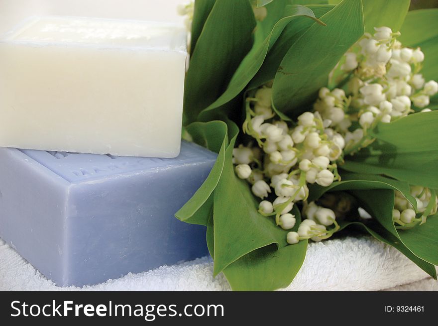French soap in white and blue with lilies of the valley. French soap in white and blue with lilies of the valley