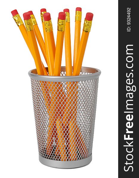 Yellow pencils in a cup isolated on white background