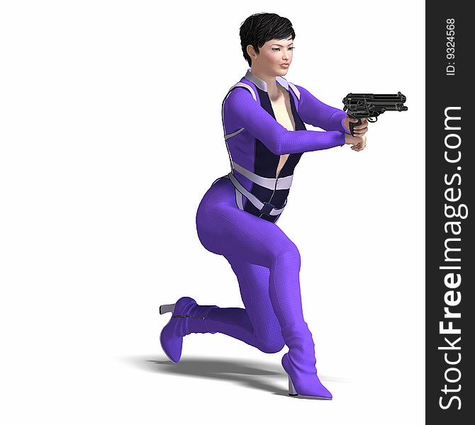 Rendering of Female Action Agent with guns contains  Clipping Path. Rendering of Female Action Agent with guns contains  Clipping Path