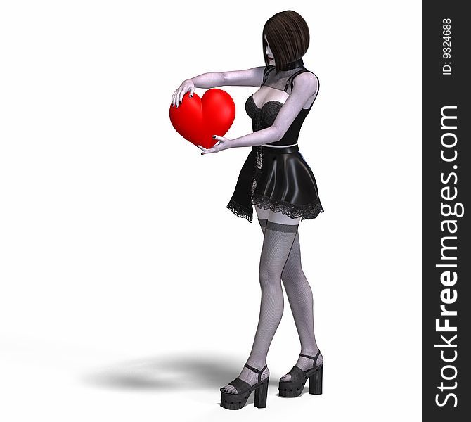 Gothic lady with red heart and Clipping Path over white. Gothic lady with red heart and Clipping Path over white