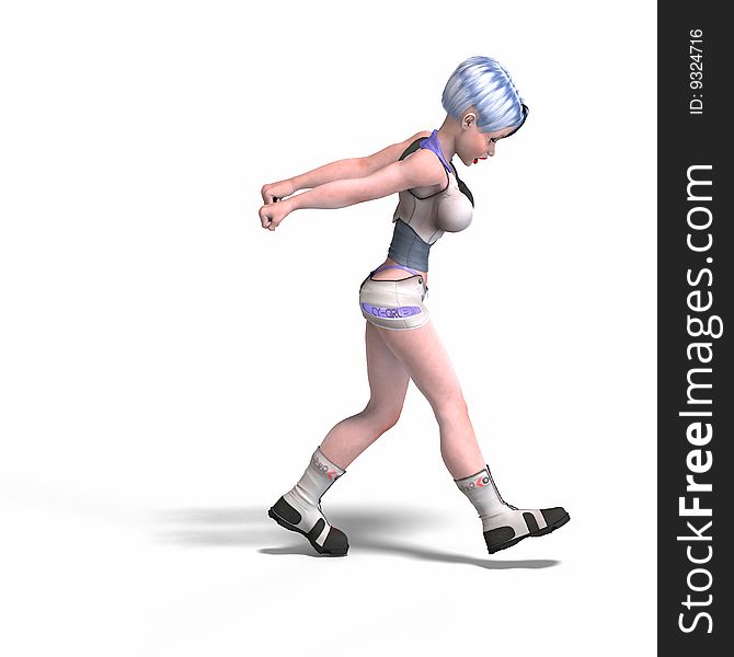 Female scifi heroine pulling something With Clipping Path over white