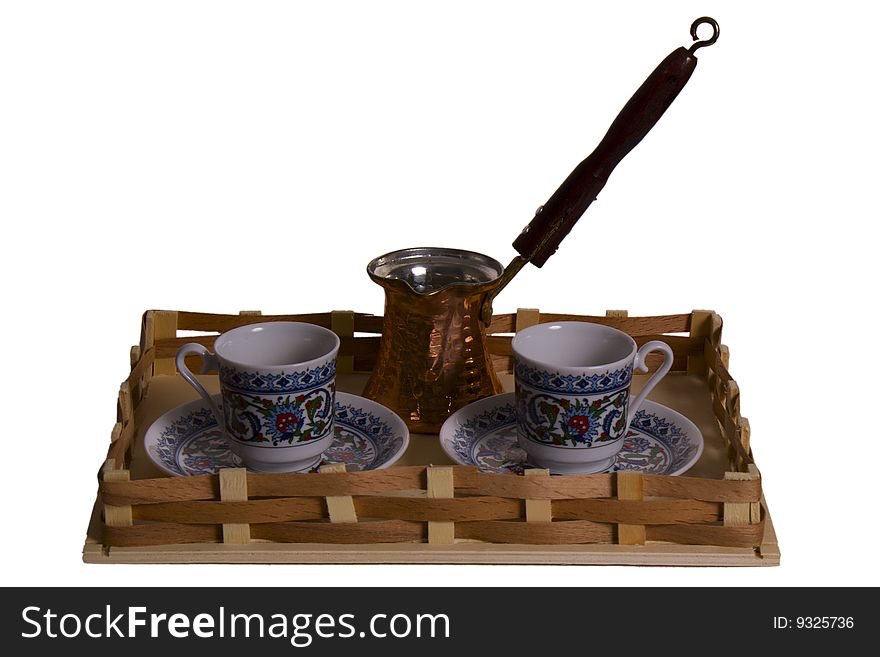 Set From Two Cups And A Coffee Maker On A Tray