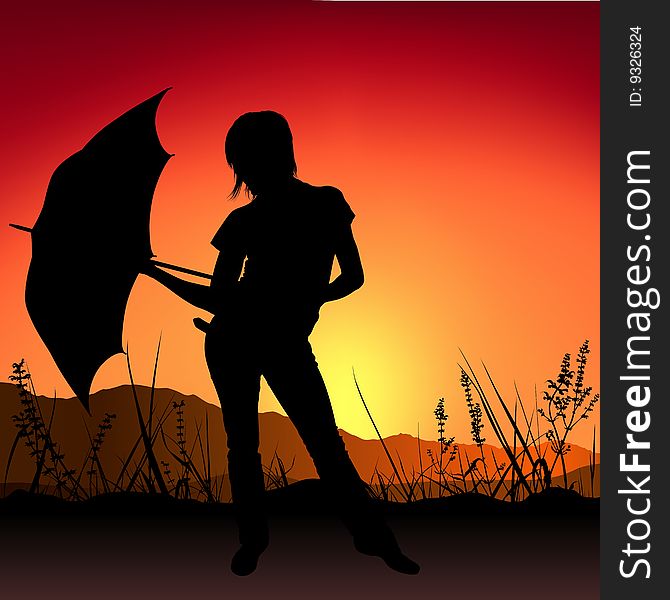 Girl and Umbrella - Sunset - detailed silhouette as romantic illustration, vector