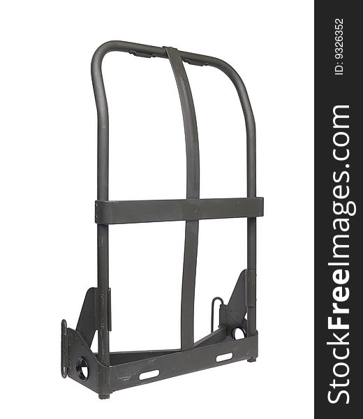 Isolated studio shot of a military surplus old style external aluminum backpack frame. Isolated studio shot of a military surplus old style external aluminum backpack frame