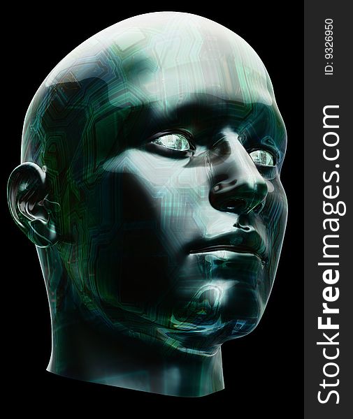 3D render futuristic cyborg head. Image include hand-drown clipping path for remove background.