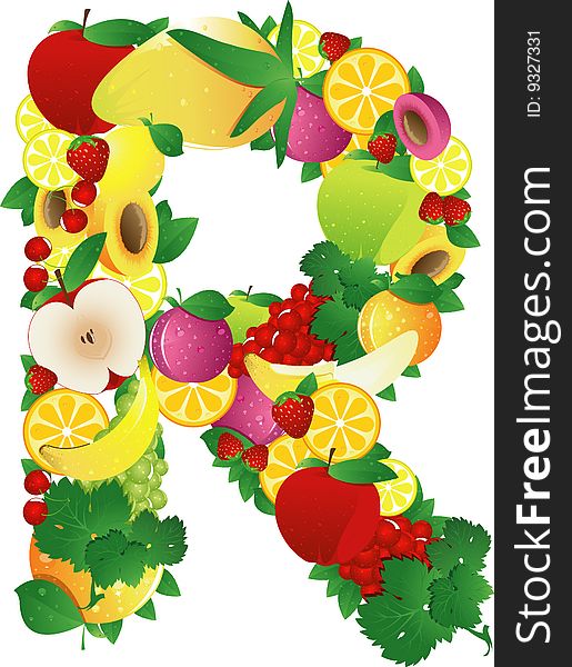 Group of fruits making the shape of an alphabetical character letter. Group of fruits making the shape of an alphabetical character letter