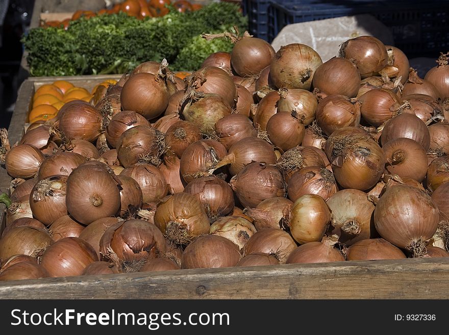 Closeup of onions at the market