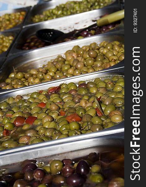 Closeup of olives at the market