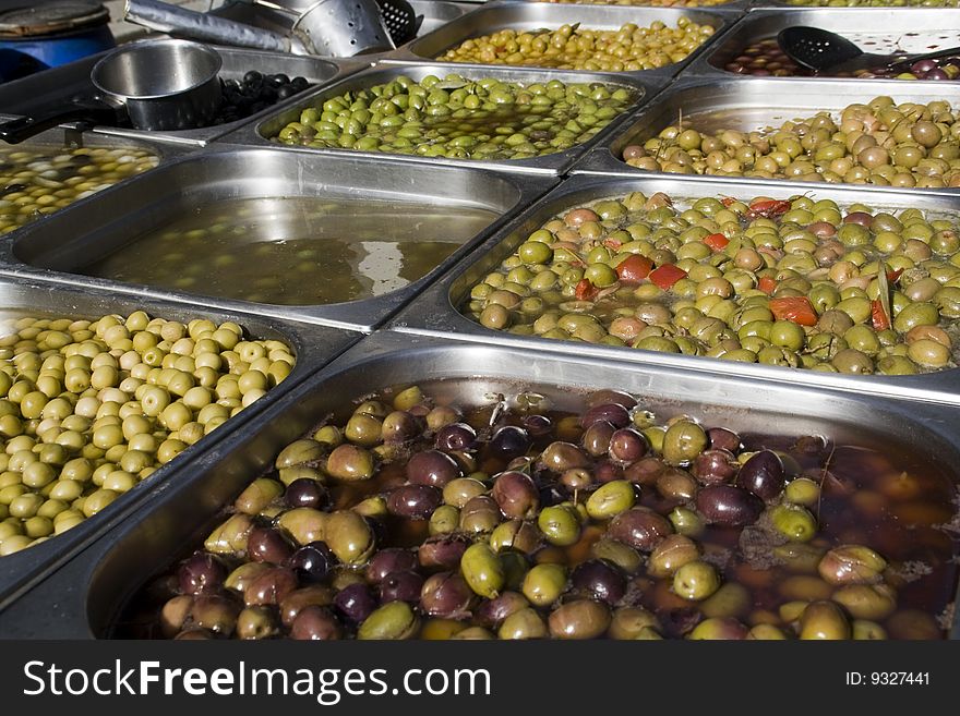 Closeup of olives at the market