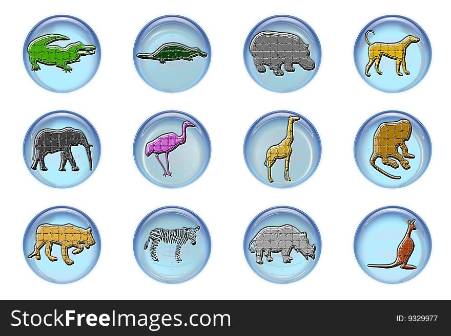 Wild animals mosaic icons on blue plastic pins. Wild animals mosaic icons on blue plastic pins