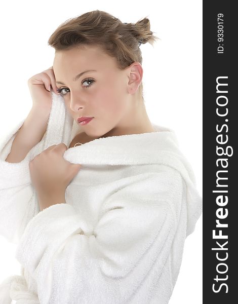 Portrait of Fresh and Beautiful woman on white background wearing white bathrobe