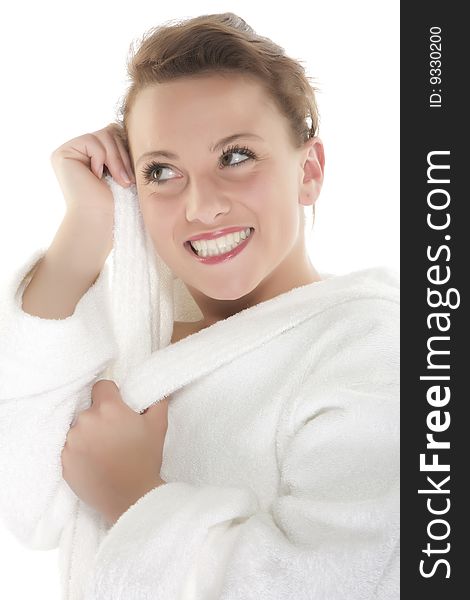 Portrait of Fresh and Beautiful woman on white background wearing white bathrobe