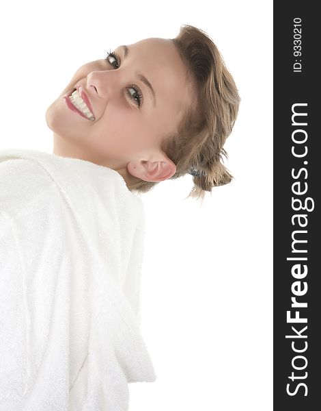 Portrait of Fresh and Beautiful woman on white background wearing white bathrobe