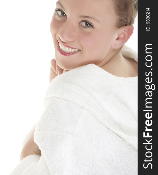 Portrait of Fresh and Beautiful woman on white background wearing white bathrobe