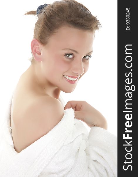 Portrait of Fresh and Beautiful woman on white background wearing white bathrobe