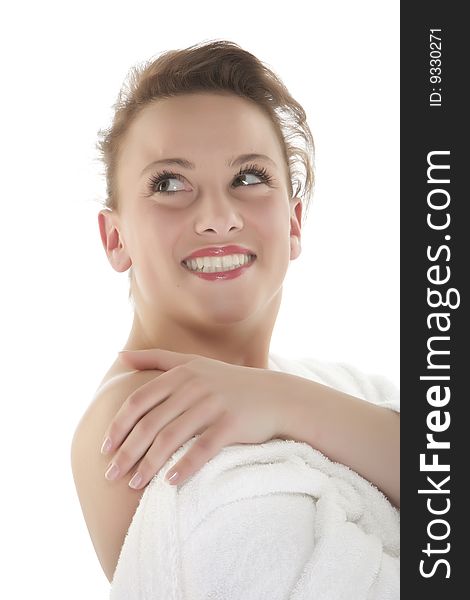 Portrait of Fresh and Beautiful woman on white background wearing white bathrobe