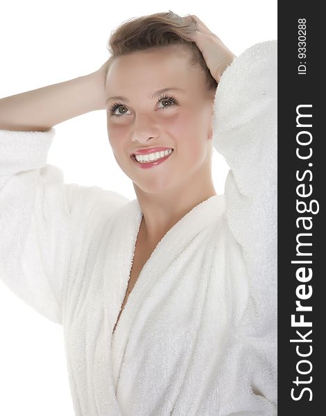 Portrait of Fresh and Beautiful woman on white background wearing white bathrobe