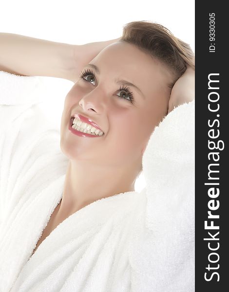 Portrait of Fresh and Beautiful woman on white background wearing white bathrobe