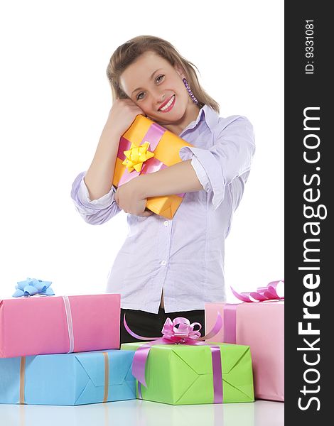 Beautiful young smiling girl with present