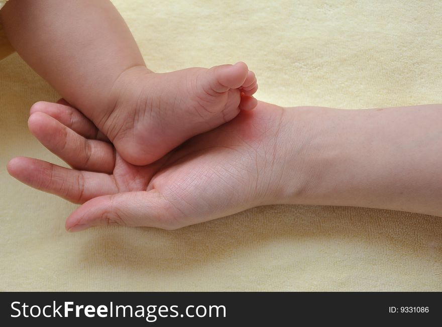 Hands and foot touch between chinese mother and baby show family and love. Hands and foot touch between chinese mother and baby show family and love.