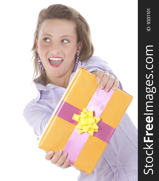 Beautiful young smiling girl with present