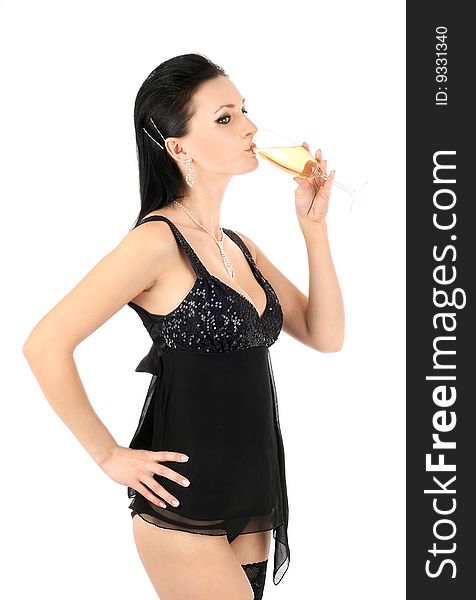 Series of images of the beautiful brunette with a champagne glass.