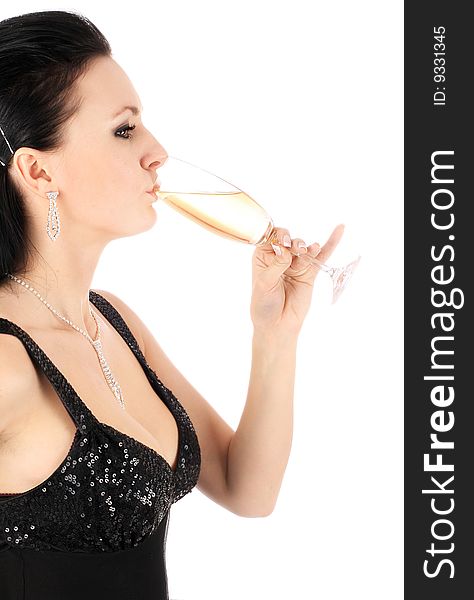 Series of images of the beautiful brunette with a champagne glass.