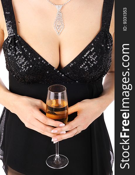 Series of images of the beautiful brunette with a champagne glass.