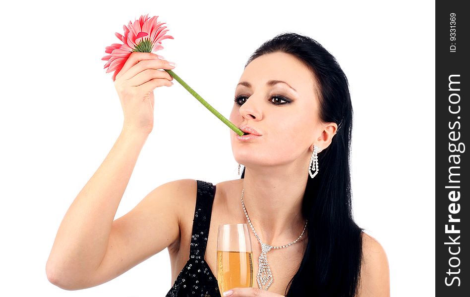 Brunette with a champagne glass.