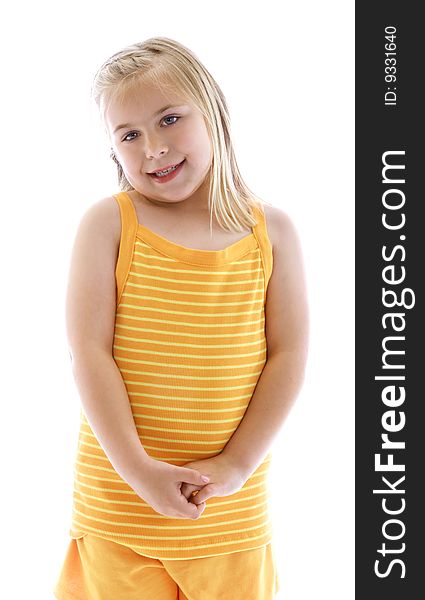 Cute little girl wearing orange.