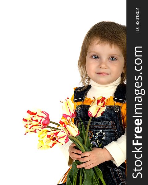 Cute little girl giving tulips. Studio shot