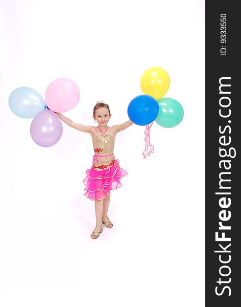 Girl holds six balloons on white background. Girl holds six balloons on white background
