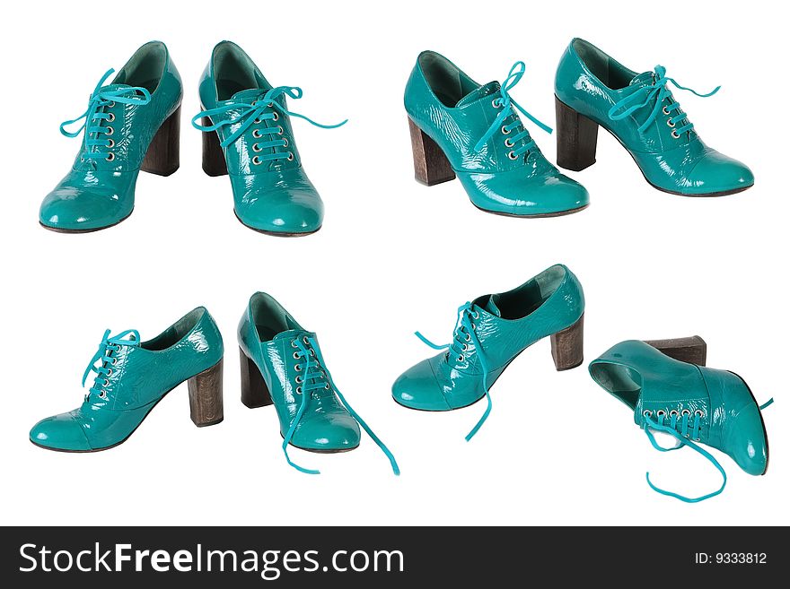 The female green varnished shoes with laces. A collage. isolate