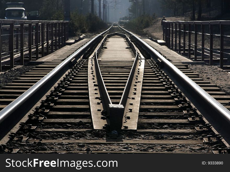 Rails and cross ties in Prospect. Against the sun