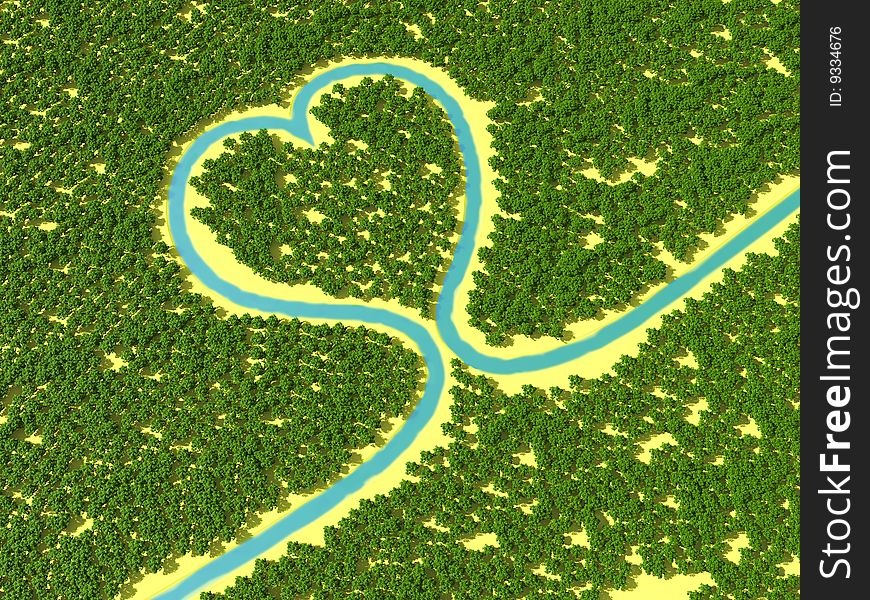 River runs through the forest in the form of heart. River runs through the forest in the form of heart