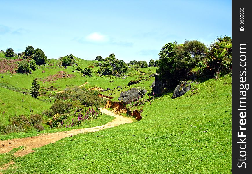 Dirt Farm Track through Rocky Green Hills