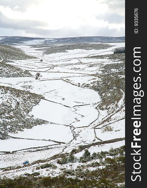 Snow landscape at gredos mountains in avila spain