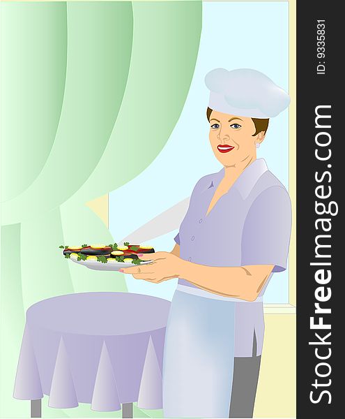 The woman-cook has control over a dish with a fried salmon. Action occurs at restaurant.