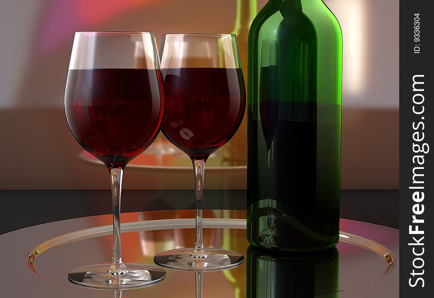 Wine glasses and bottle on the salver made in 3d