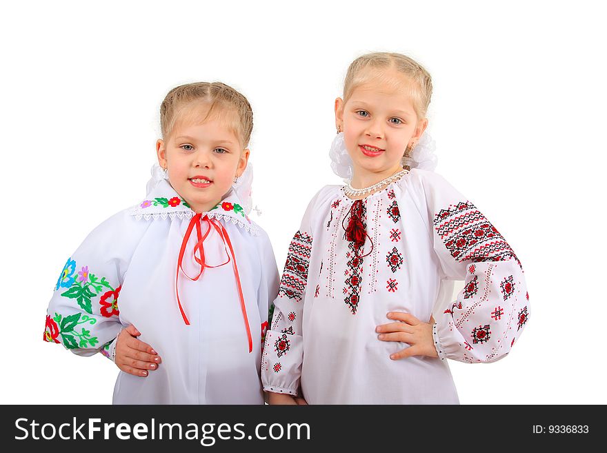 Portrait of two smiling kids isolated on white background